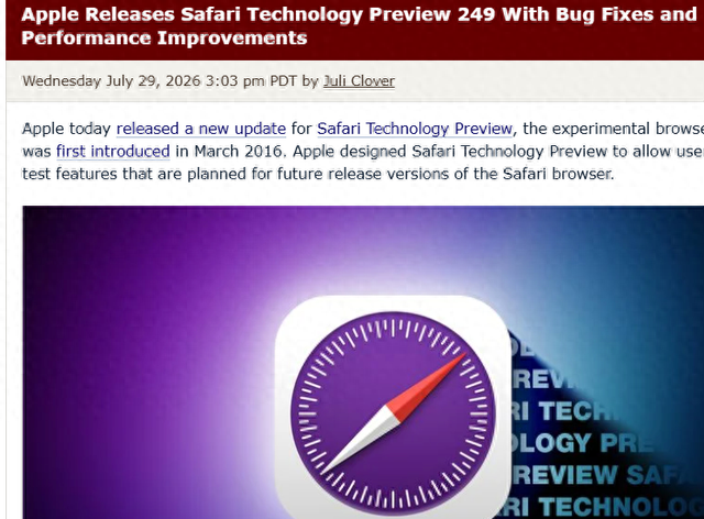 苹果推出新版测试浏览器，修复大量网页兼容 bug